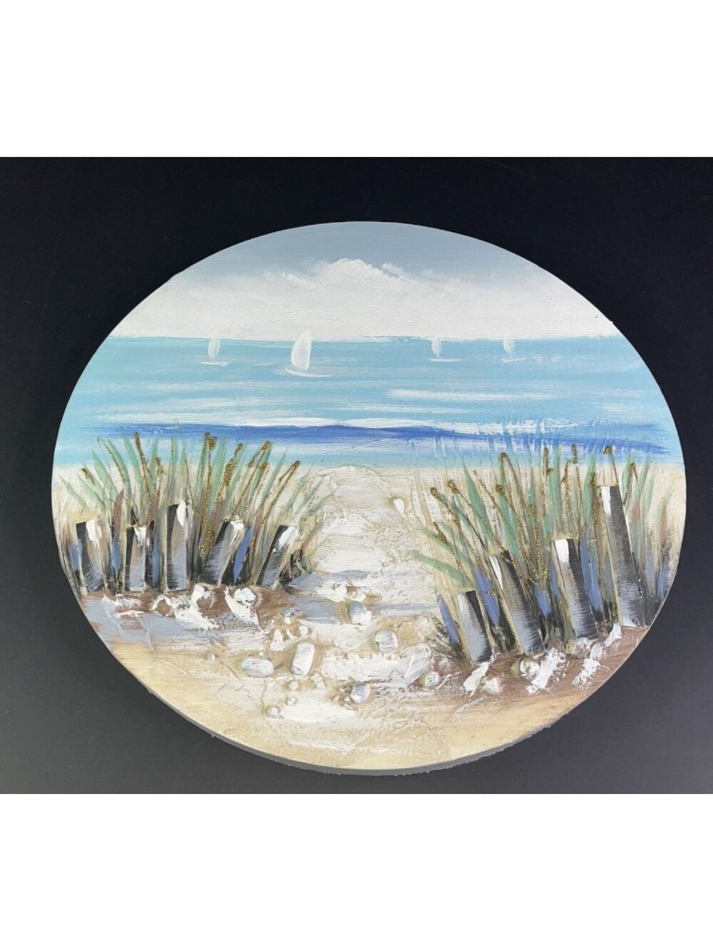 16" Circular 3D Canvas Beach Wall Art Hand Painted Nautical Ocean Gulf Sea Oats